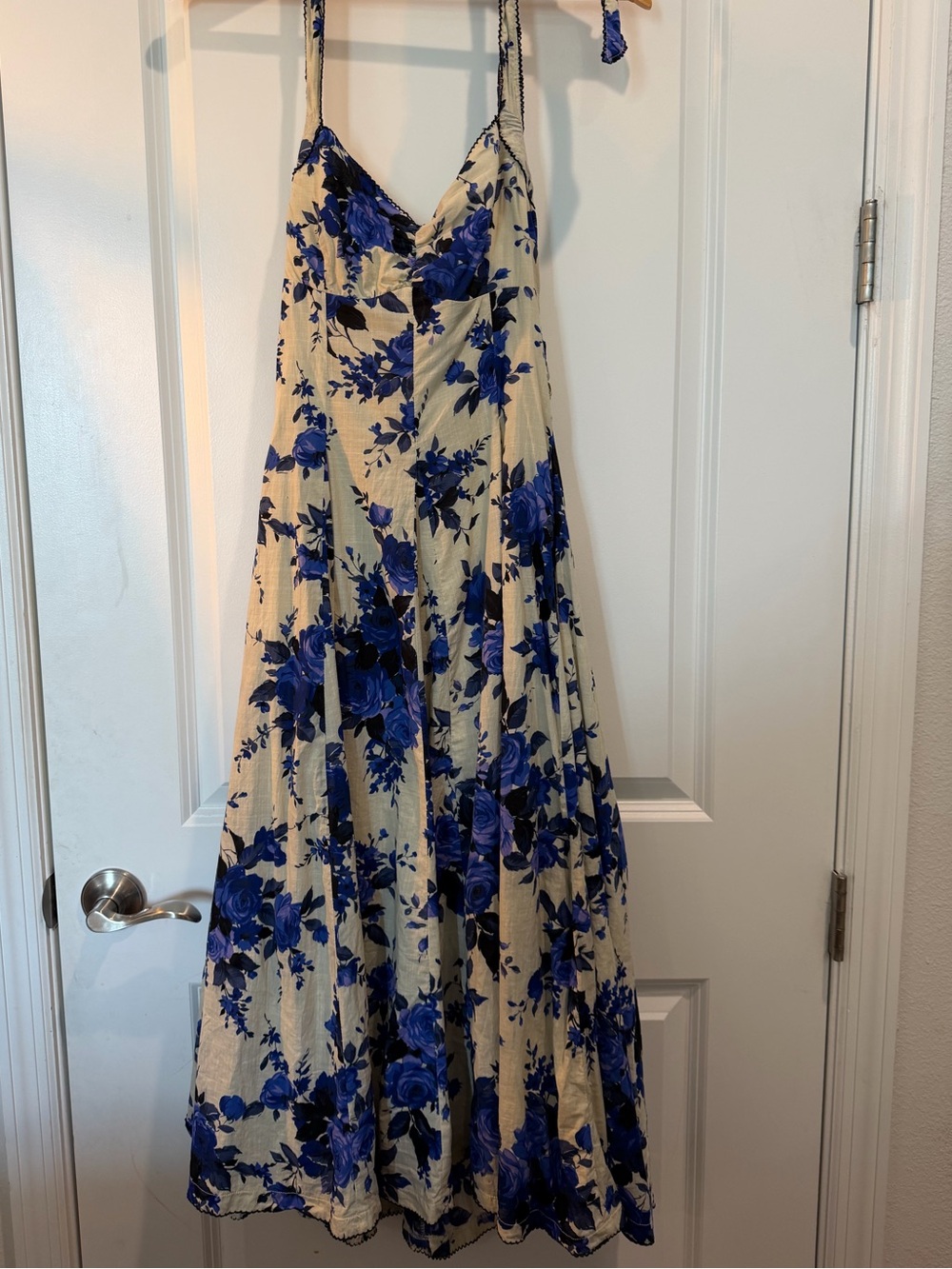 Eucalyptus Blue Floral Halter Maxi Dress 100% Cotton Women's Small